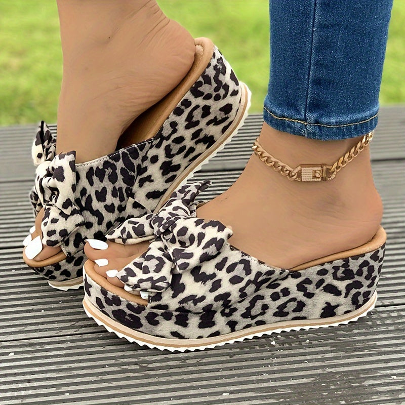 Women's Bowknot Platform Sandals, Leopard Print Peep Toe Wedge Shoes, Fashion Outdoor Slide Sandals