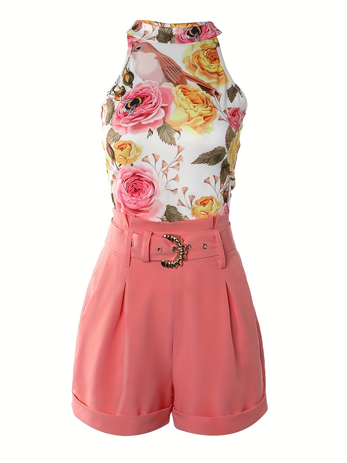 Spring & Summer's Must-Have - Floral Print Tank and Color-Block Shorts Set with Belt. Refresh your look with this Trendy, Comfy Women's 2-Piece Outfit, Perfect for Casual Wear