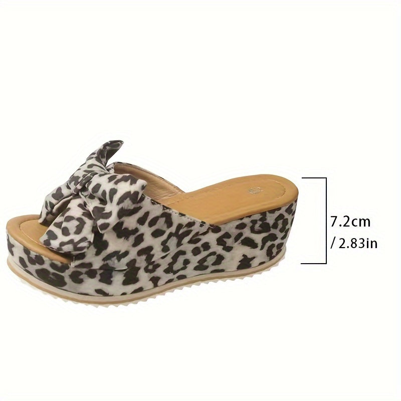 Women's Bowknot Platform Sandals, Leopard Print Peep Toe Wedge Shoes, Fashion Outdoor Slide Sandals