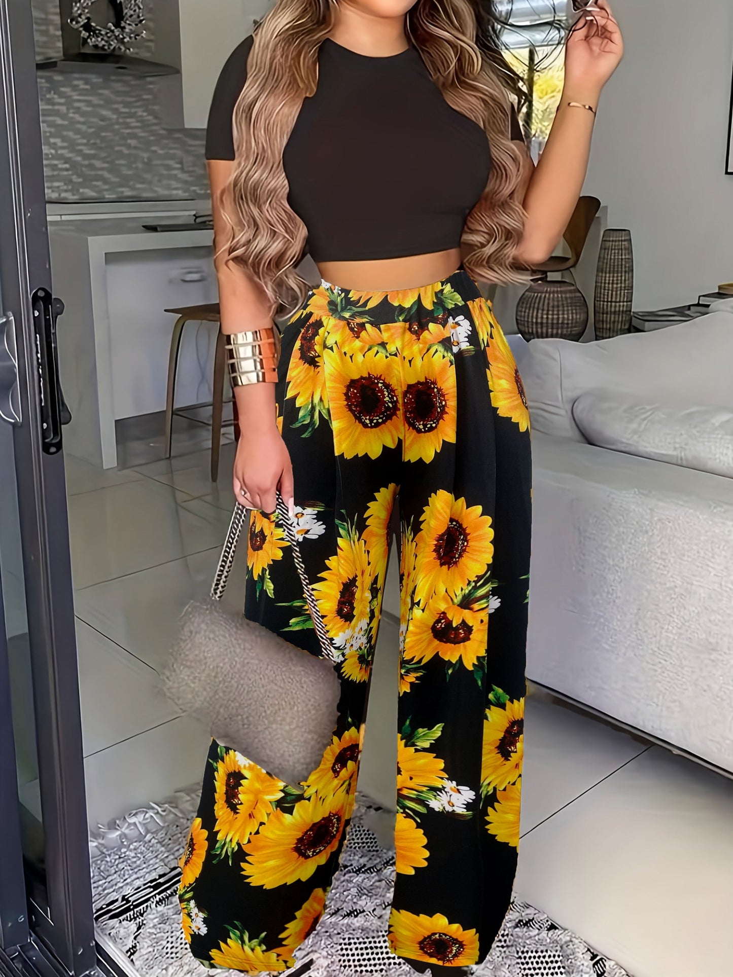 Boho Summer Two Pieces Set, Cropped Solid Short Sleeve T-shirt & High Waist Floral Print Wide Leg Pants Outfits, Women's Clothing