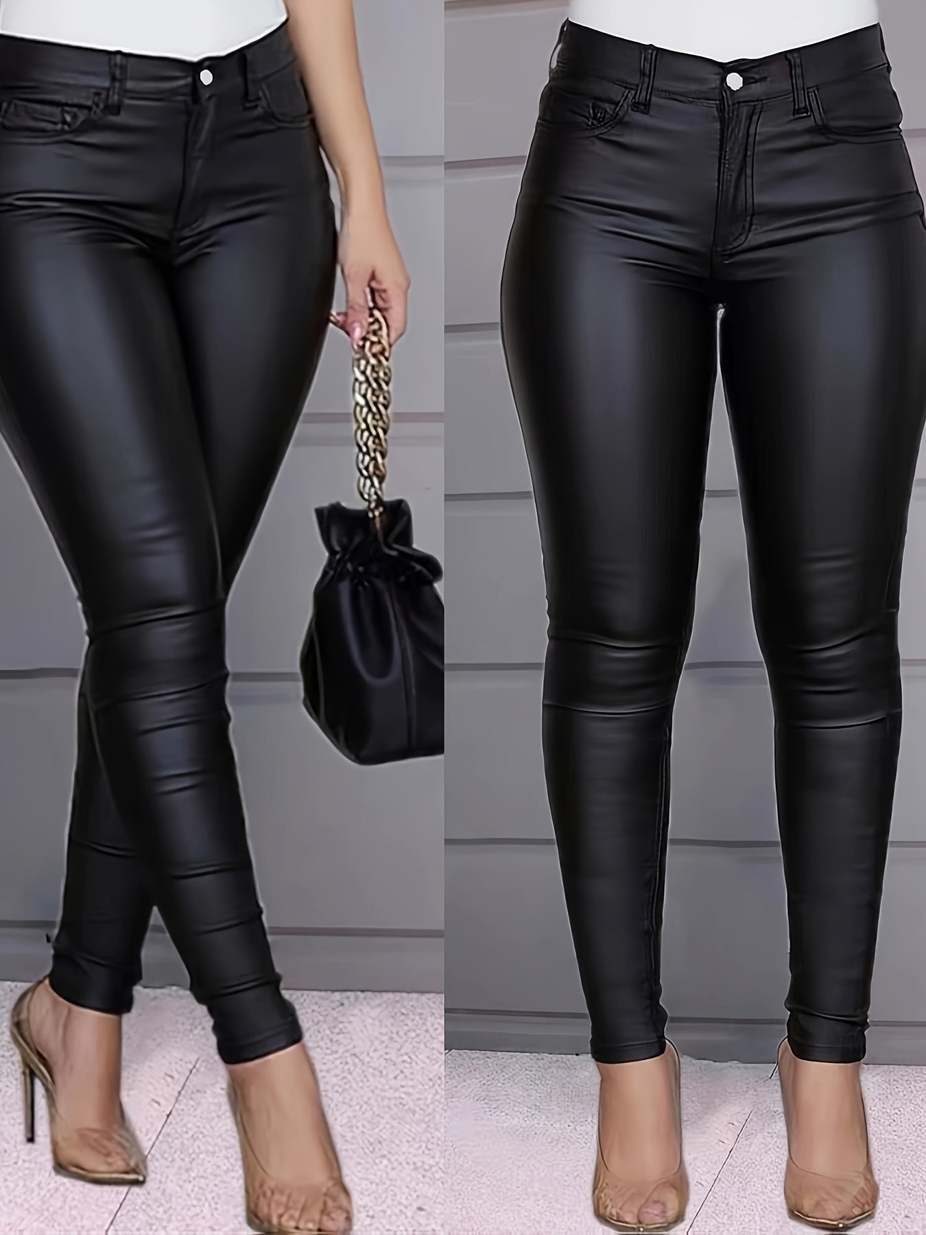 Black Leather Look Skinny Jeans, High Stretch Slim Fit Chic Tight Jeans, Women's Denim Jeans & Clothing