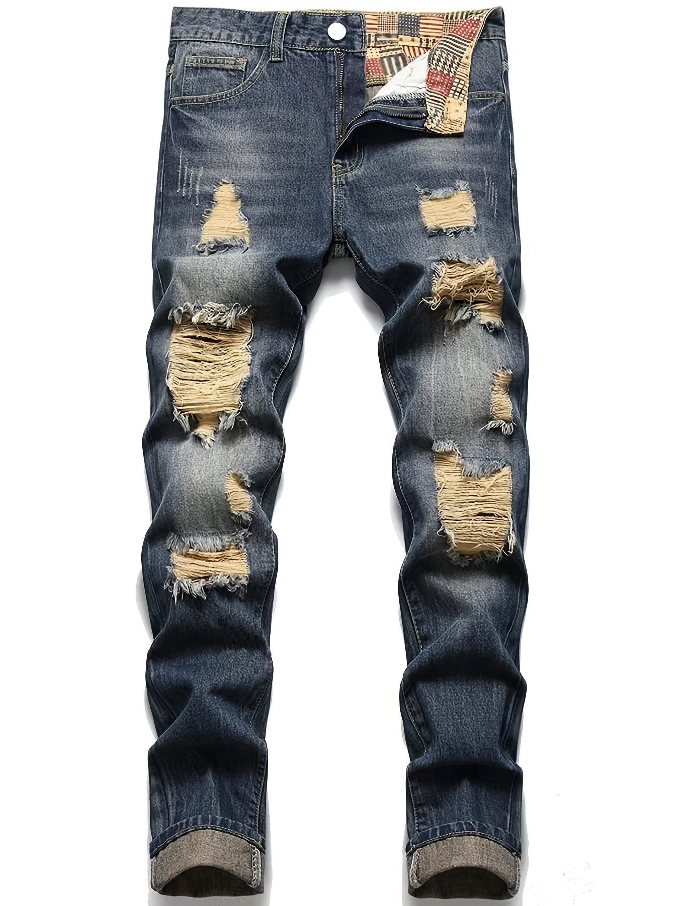 Regular Fit Ripped Jeans, Men's Casual Street Style Distressed Denim Pants For All Seasons