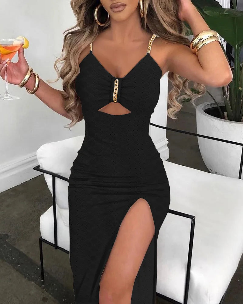 Women Eyelet Embroidery Chain Strap High Slit Dress Sexy Slit Dress Gallus Hot Girl Summer Party Solid Color Hollow Out