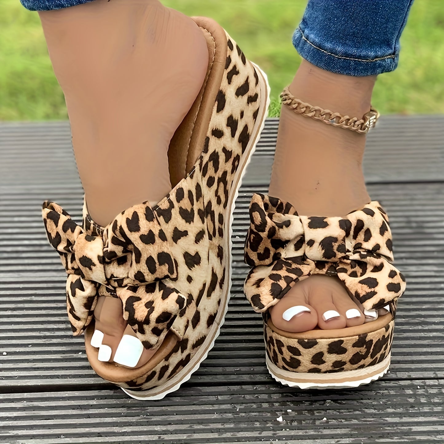 Women's Bowknot Platform Sandals, Leopard Print Peep Toe Wedge Shoes, Fashion Outdoor Slide Sandals