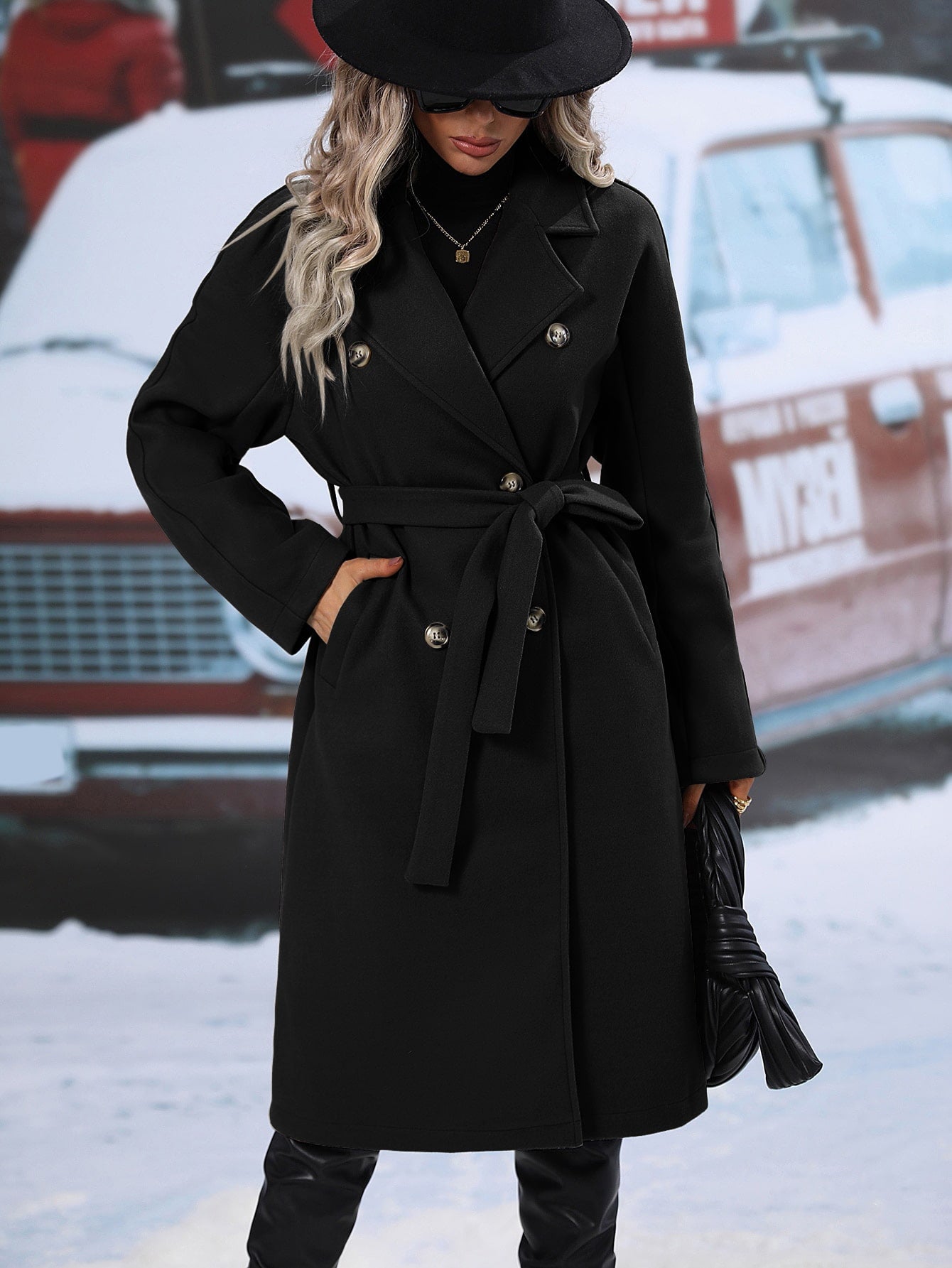 Frenchy Lapel Neck Double Breasted Belted Overcoat