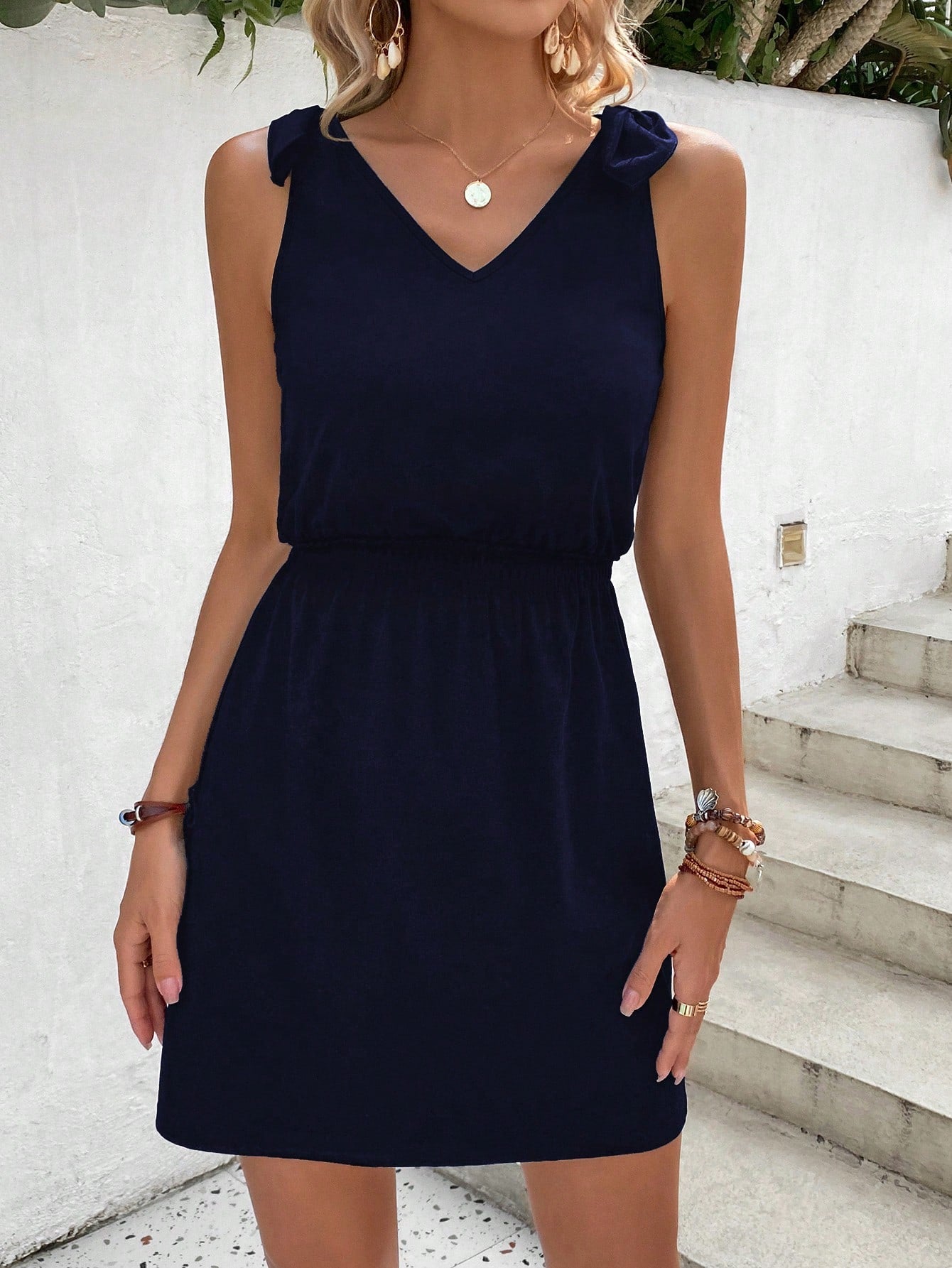 LUNE Solid Knot Shoulder Tank Dress