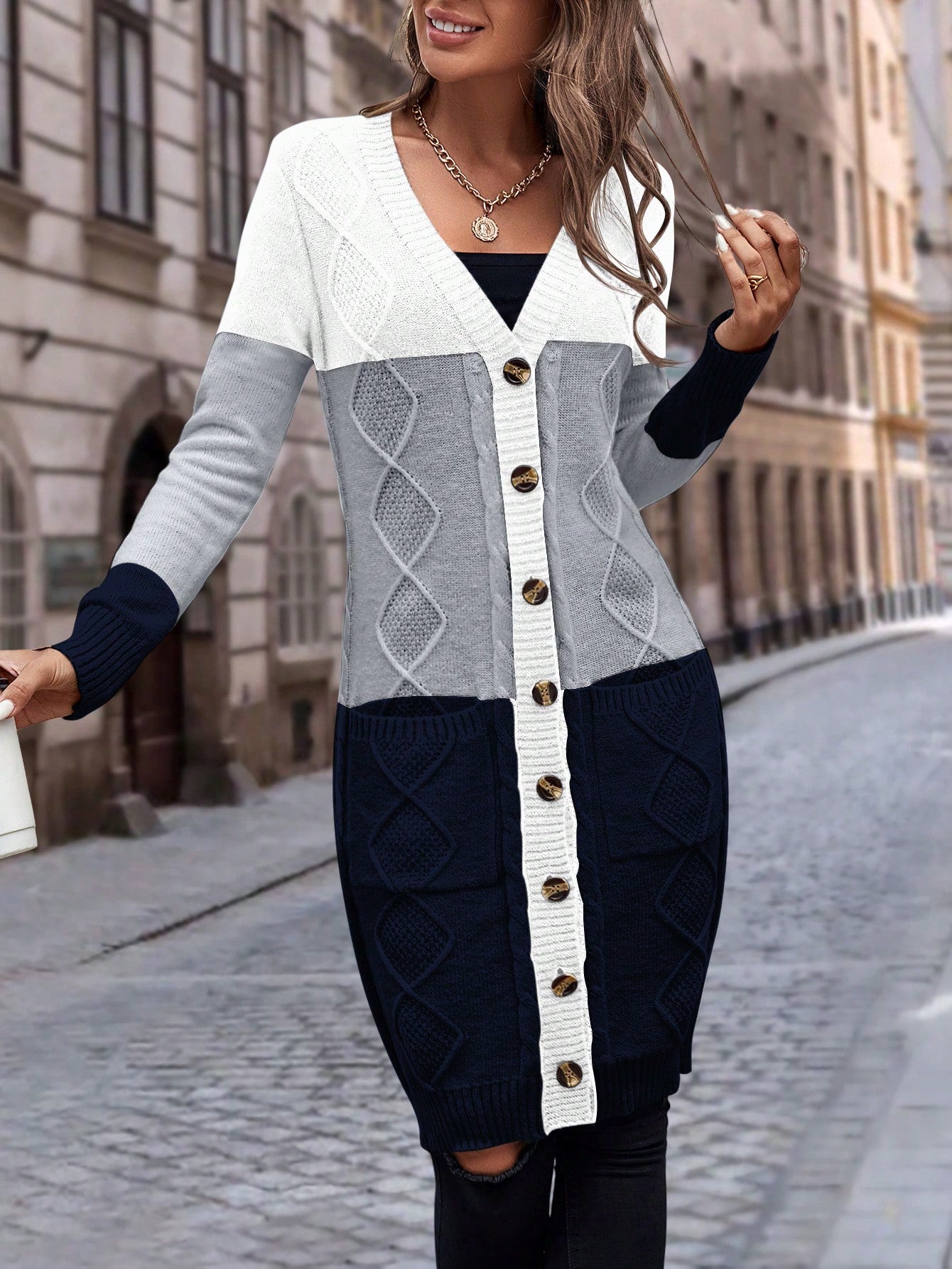 LUNE Color Block Dual Pocket Button Front Cardigan