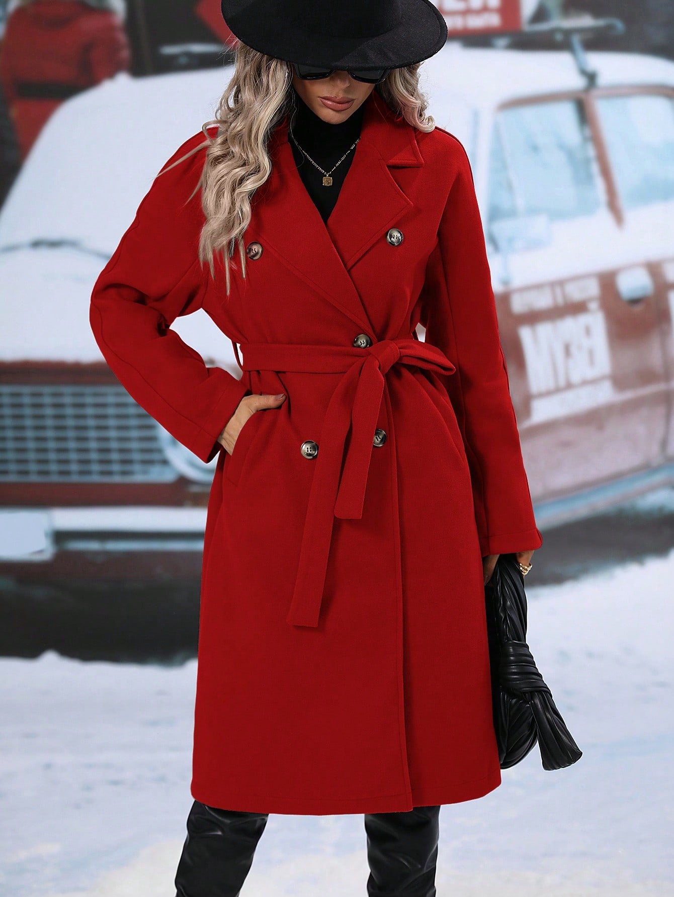 Frenchy Lapel Neck Double Breasted Belted Overcoat