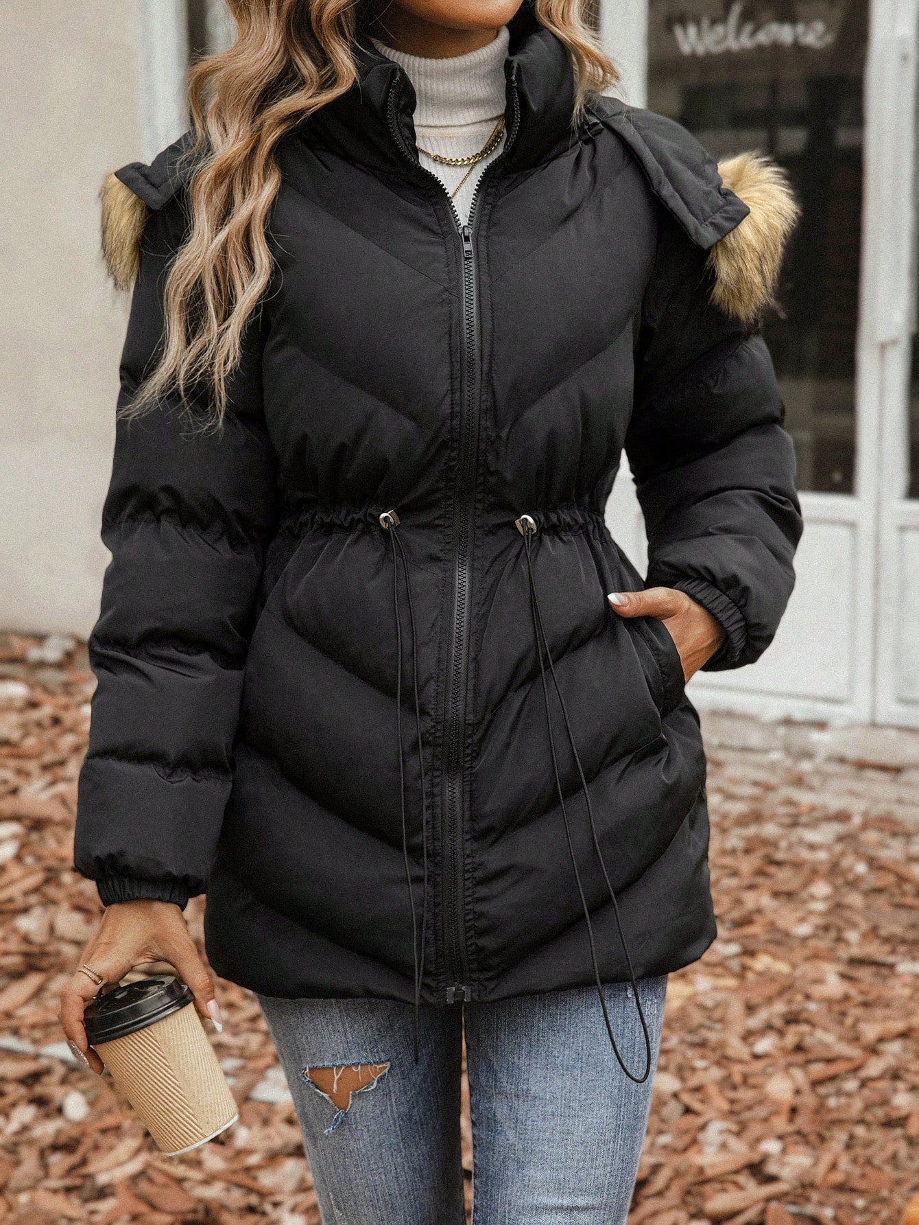 Essnce Drawstring Waist Fuzzy Trim Hooded Puffer Coat