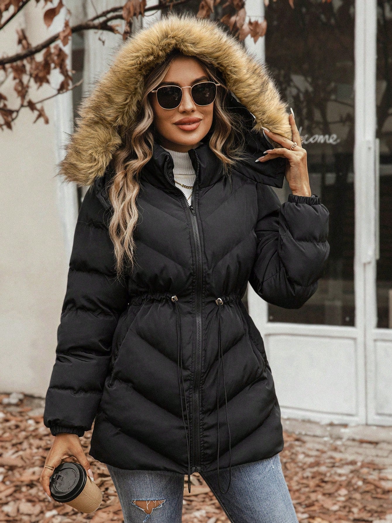 Essnce Drawstring Waist Fuzzy Trim Hooded Puffer Coat