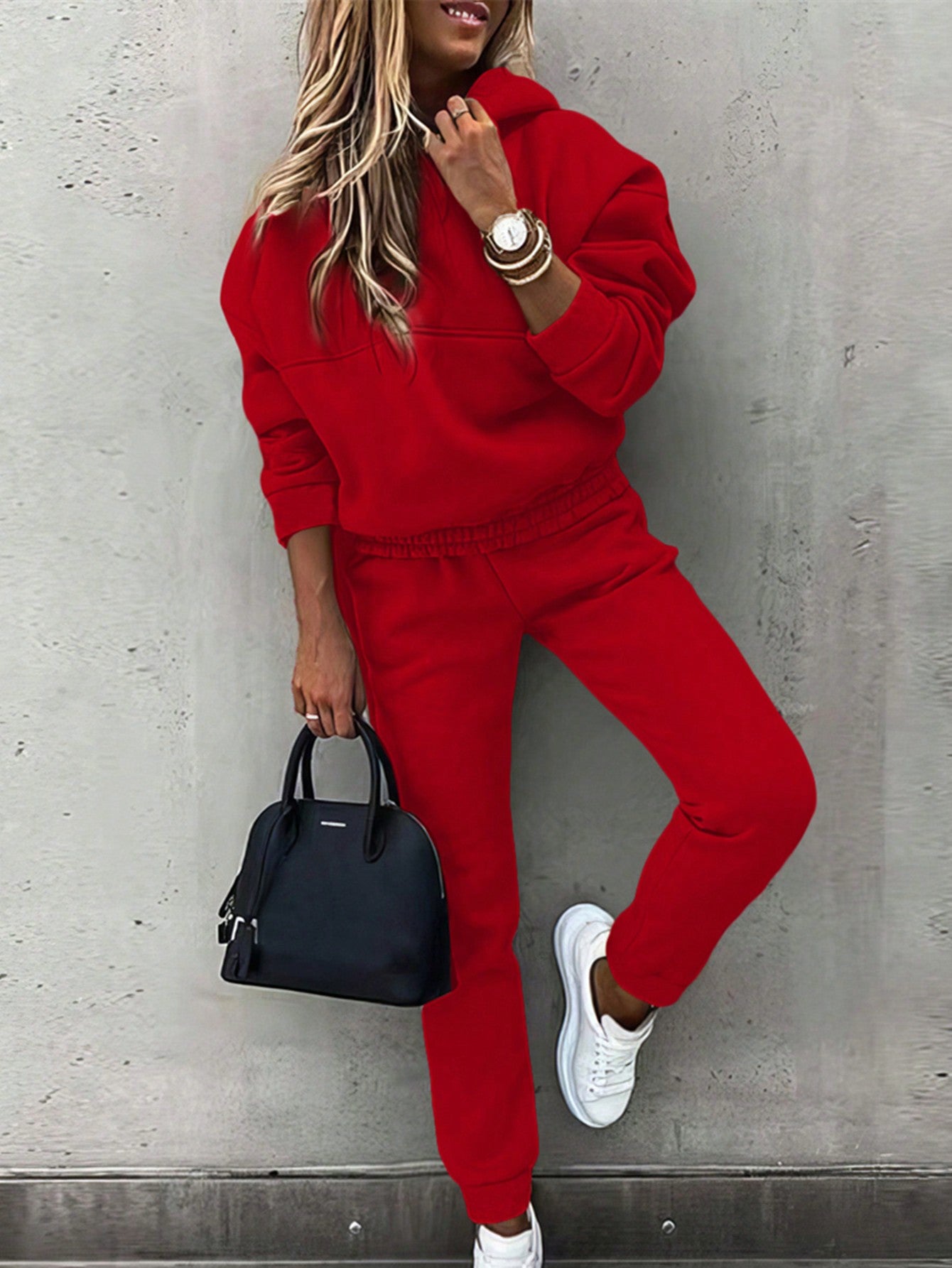 Essnce Women's Solid Color Hoodie And Pants Two Piece Tracksuit