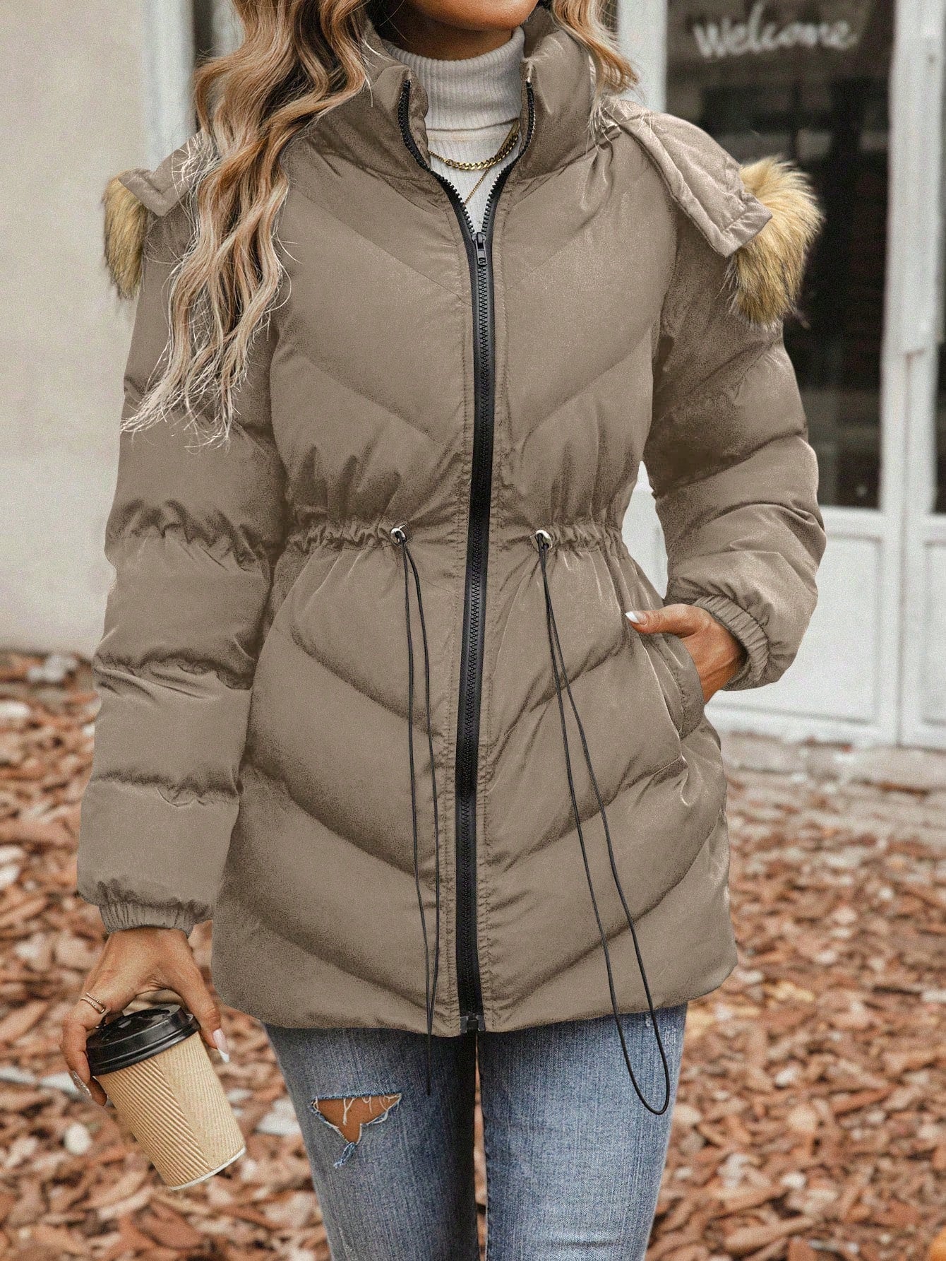 Essnce Drawstring Waist Fuzzy Trim Hooded Puffer Coat