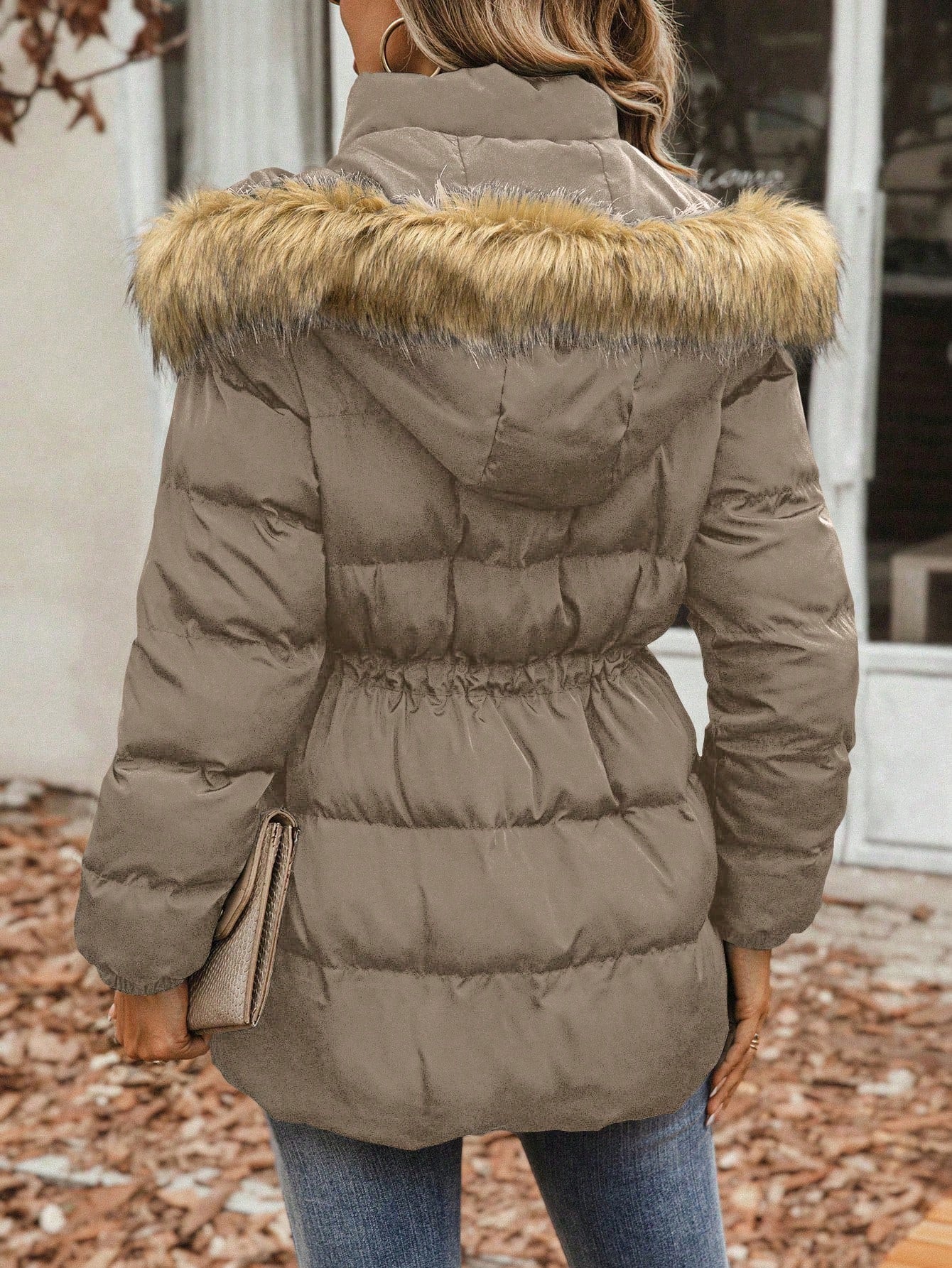 Essnce Drawstring Waist Fuzzy Trim Hooded Puffer Coat