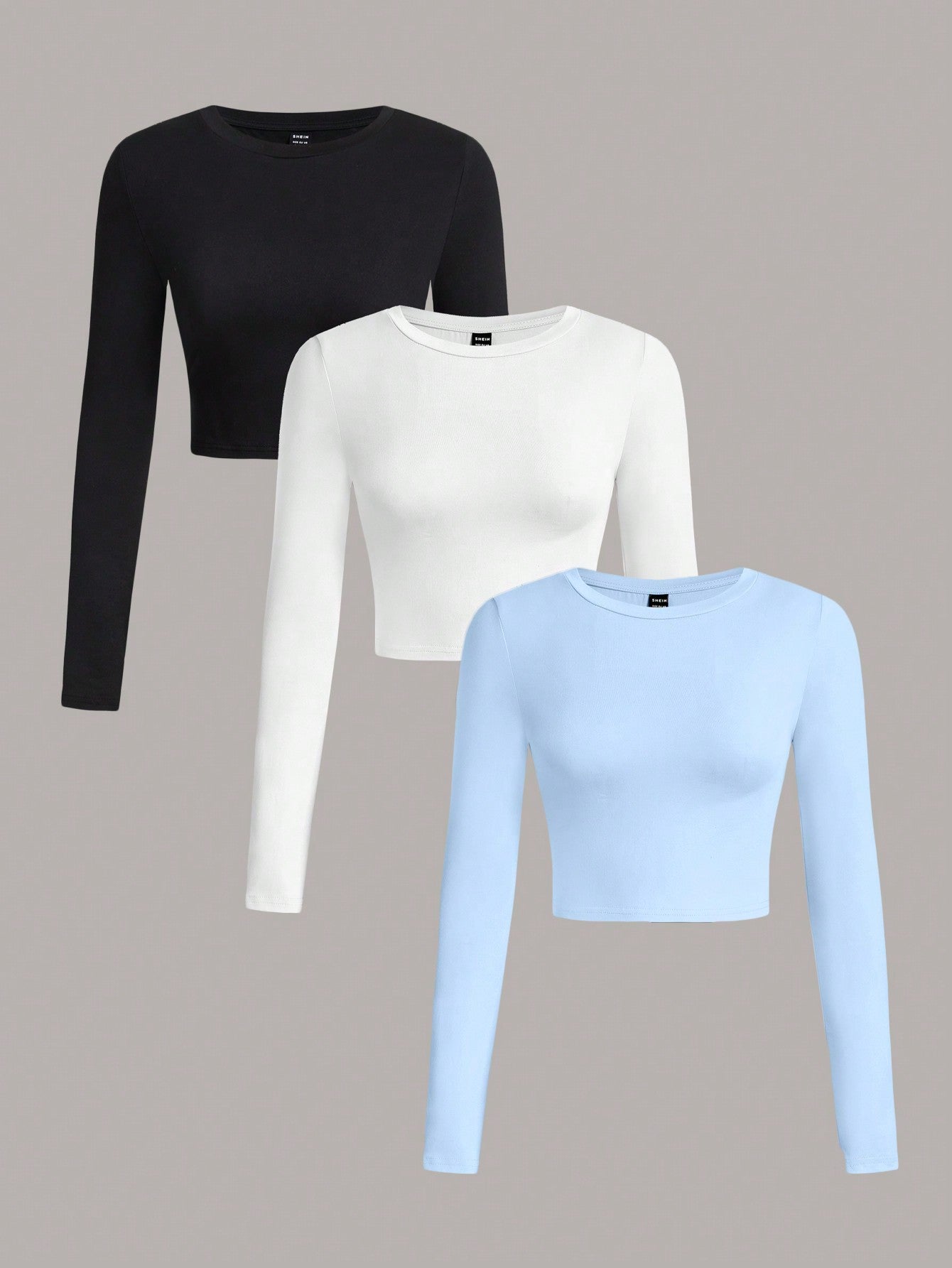 EZwear 3Pcs Solid Color Round Neck Long Sleeve T-Shirt