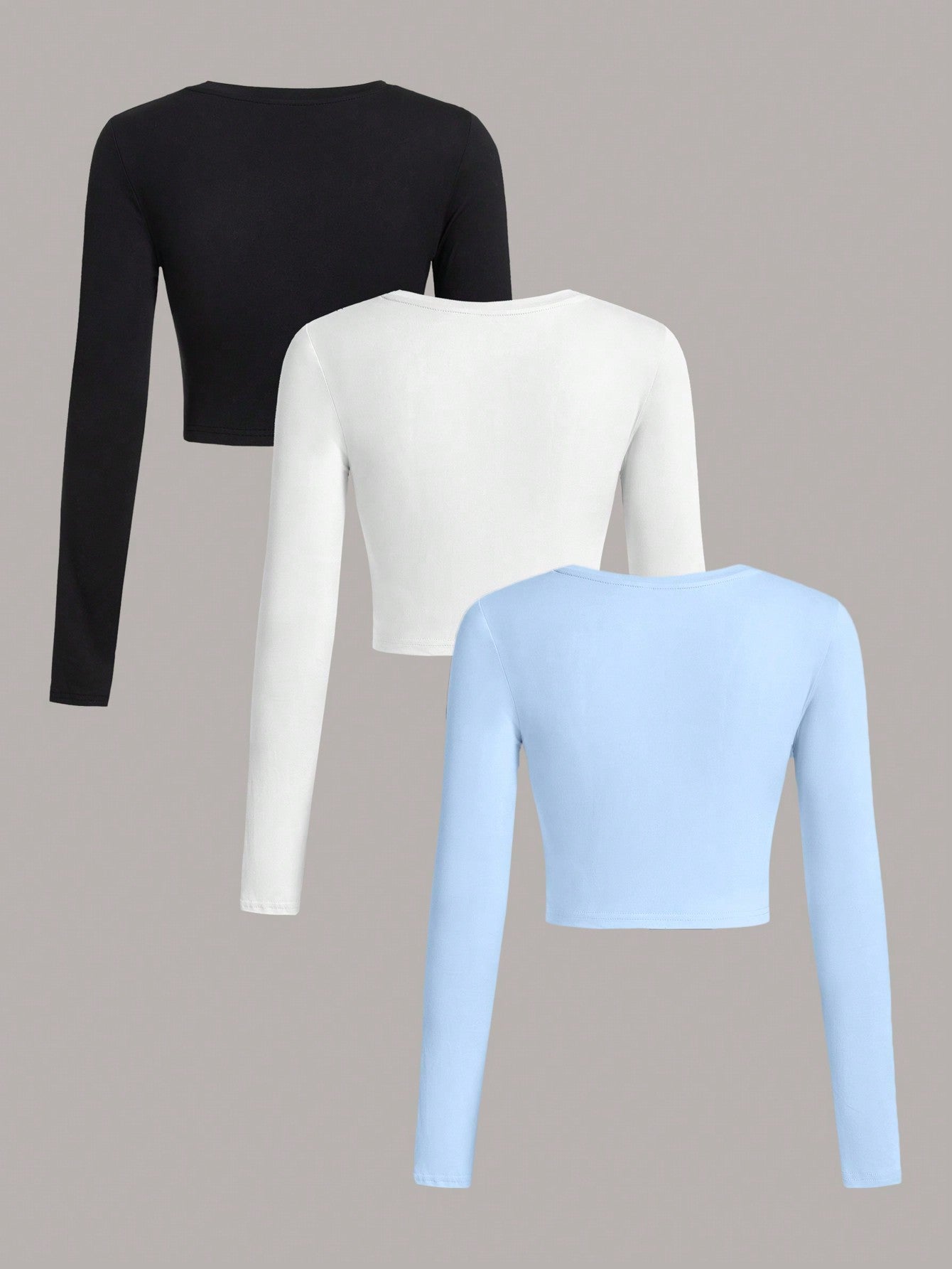 EZwear 3Pcs Solid Color Round Neck Long Sleeve T-Shirt