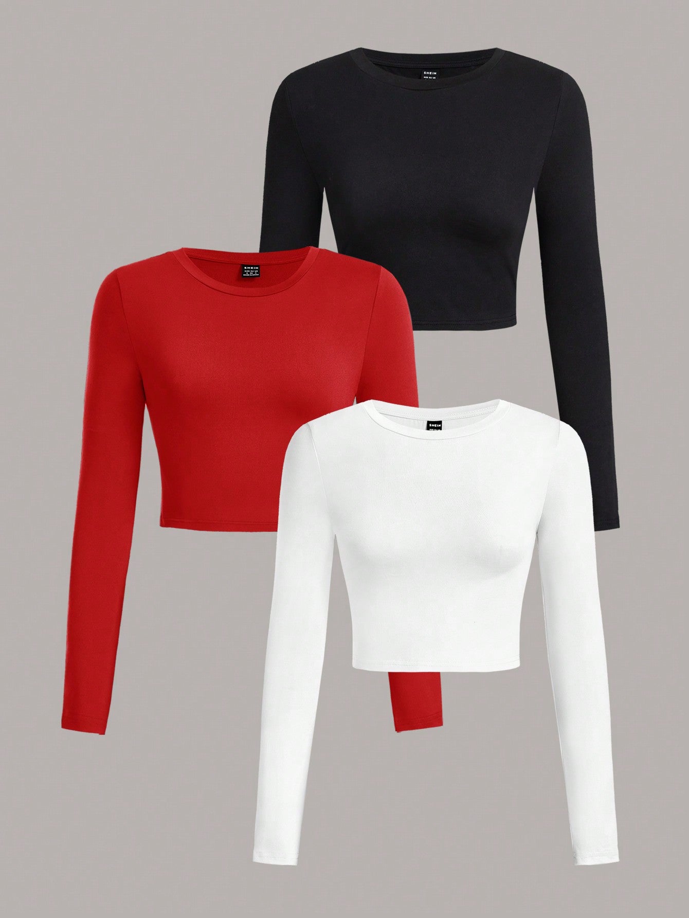 EZwear 3Pcs Solid Color Round Neck Long Sleeve T-Shirt