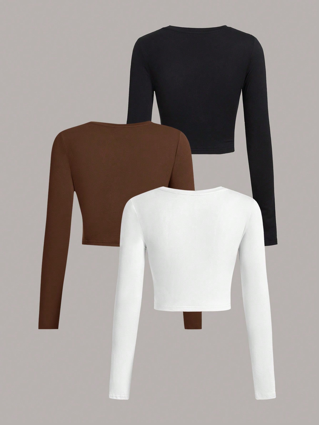 EZwear 3Pcs Solid Color Round Neck Long Sleeve T-Shirt