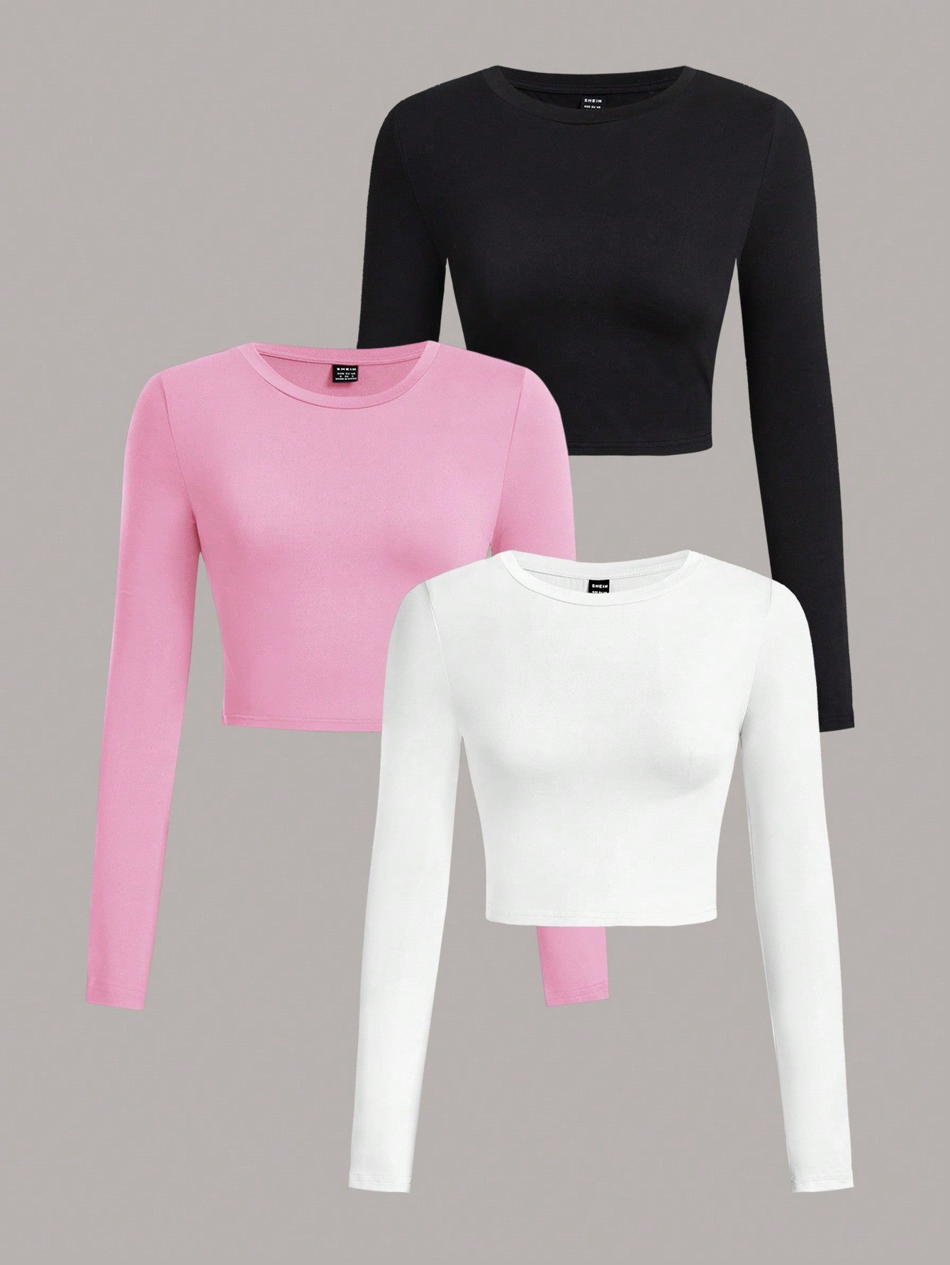 EZwear 3Pcs Solid Color Round Neck Long Sleeve T-Shirt