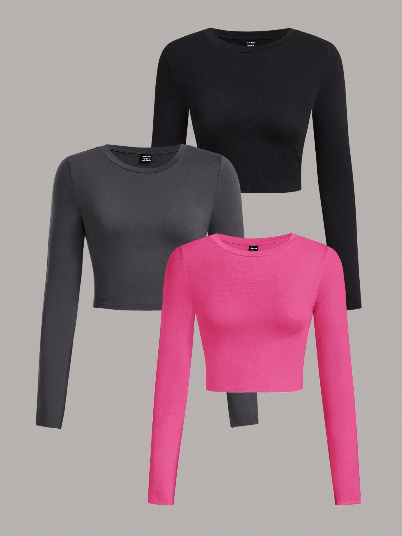 EZwear 3Pcs Solid Color Round Neck Long Sleeve T-Shirt