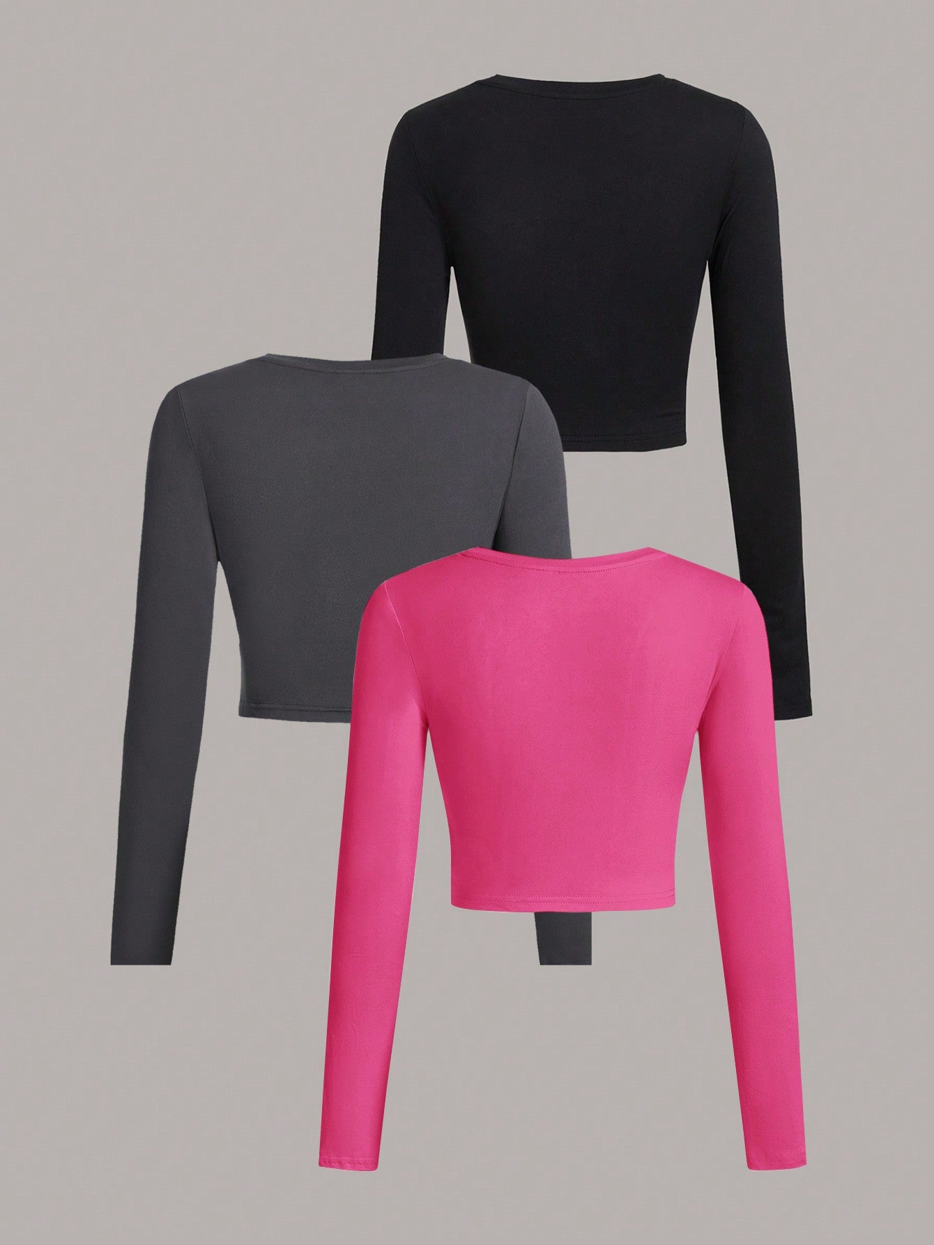 EZwear 3Pcs Solid Color Round Neck Long Sleeve T-Shirt