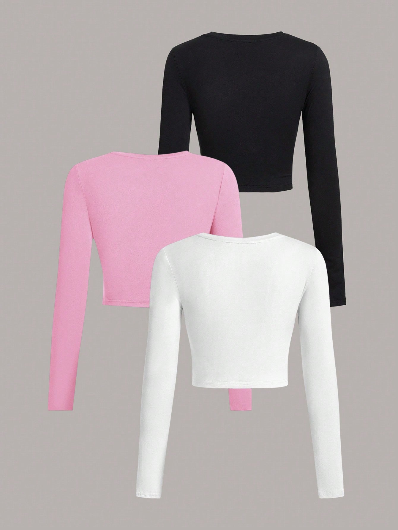 EZwear 3Pcs Solid Color Round Neck Long Sleeve T-Shirt