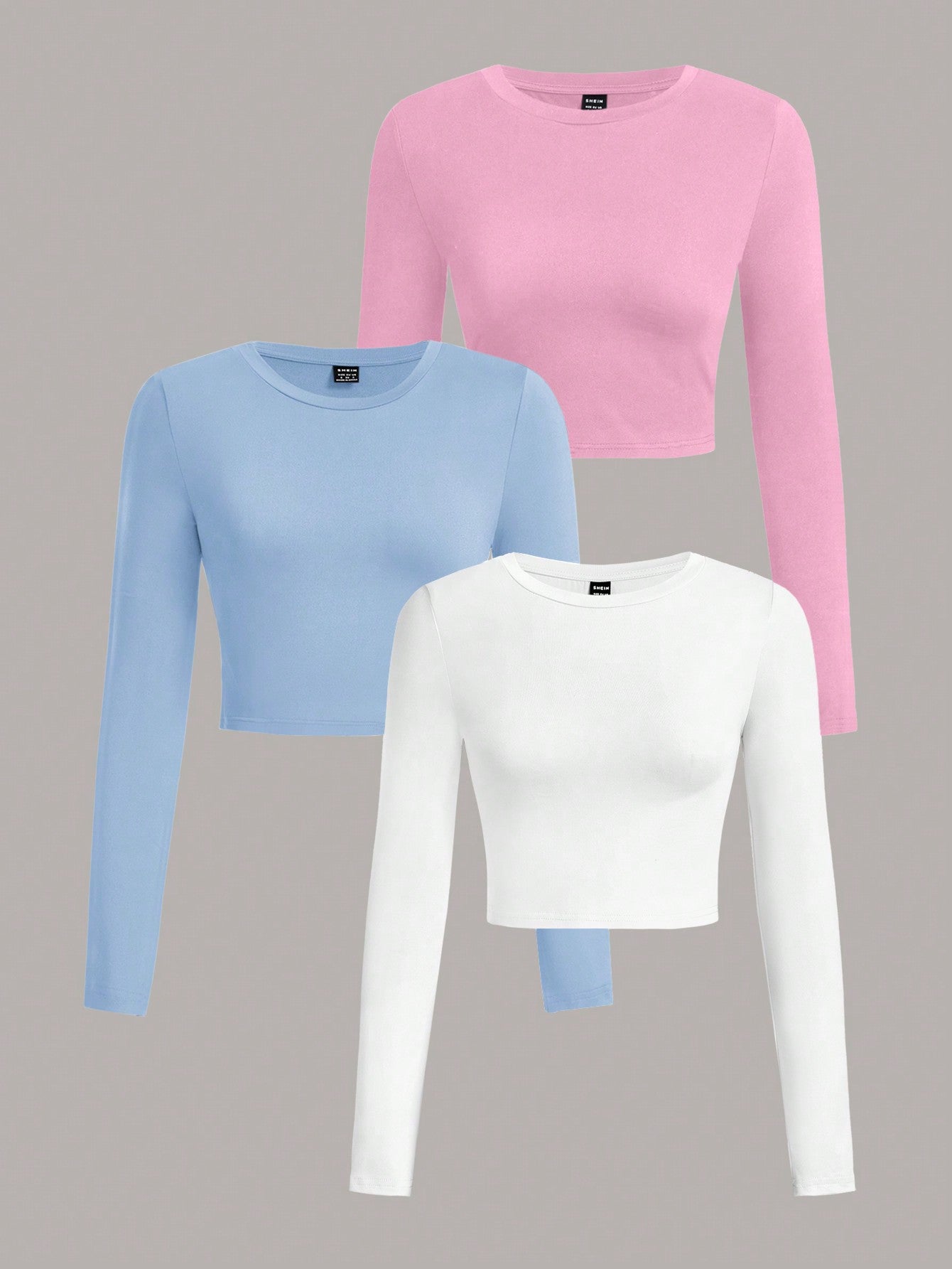 EZwear 3Pcs Solid Color Round Neck Long Sleeve T-Shirt