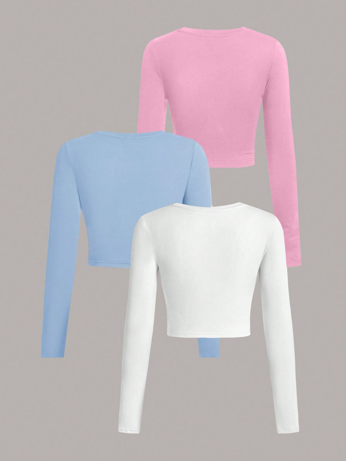 EZwear 3Pcs Solid Color Round Neck Long Sleeve T-Shirt