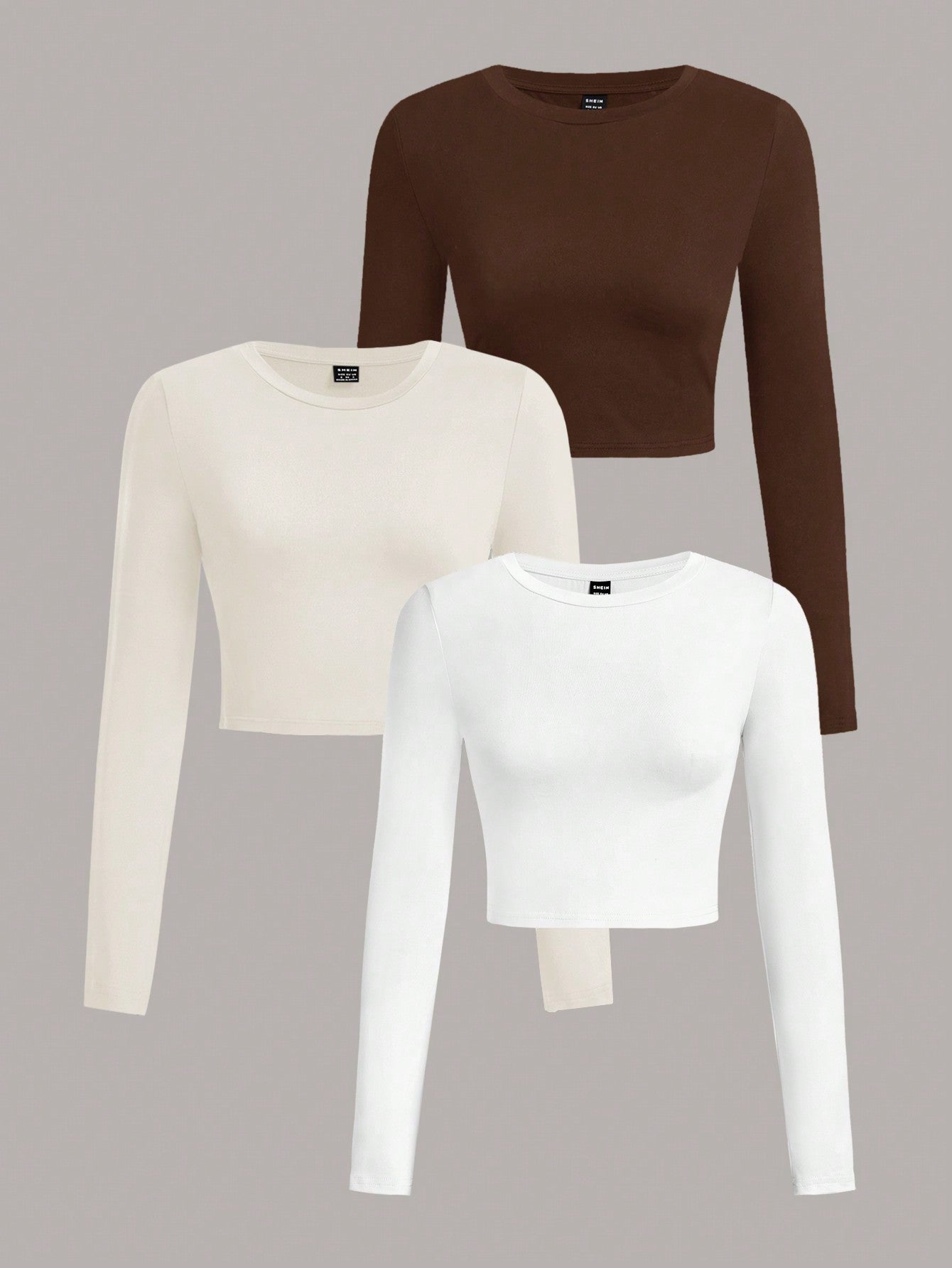 EZwear 3Pcs Solid Color Round Neck Long Sleeve T-Shirt