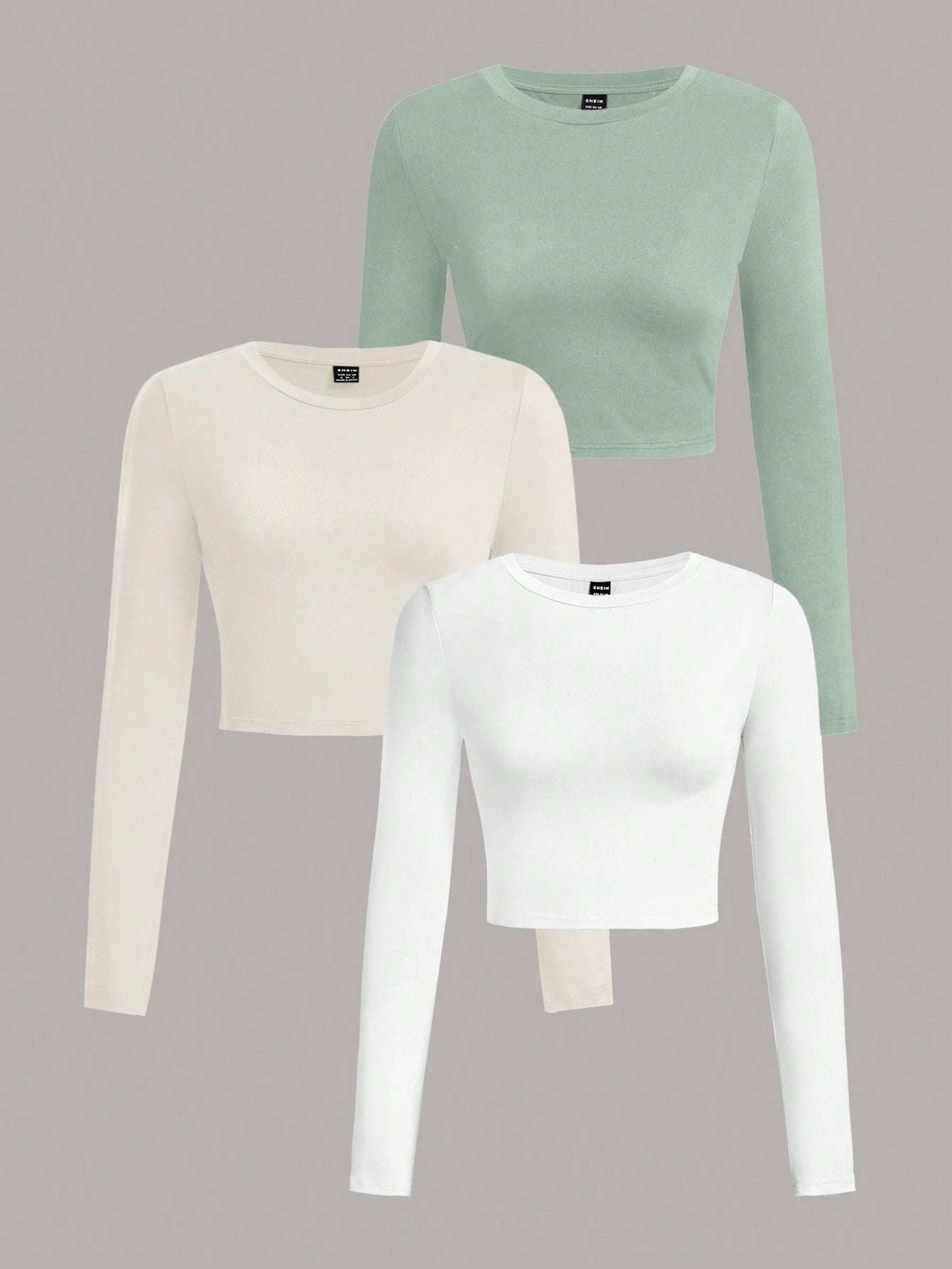 EZwear 3Pcs Solid Color Round Neck Long Sleeve T-Shirt