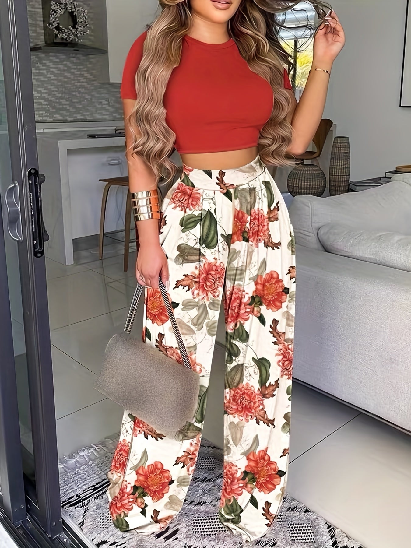 Boho Summer Two Pieces Set, Cropped Solid Short Sleeve T-shirt & High Waist Floral Print Wide Leg Pants Outfits, Women's Clothing