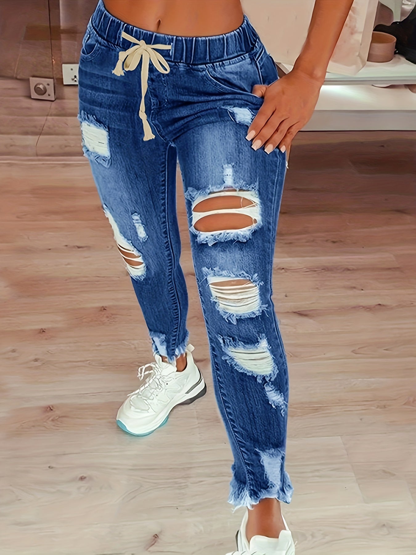 High Waist Ripped Denim Pants, Casual Raw Hem Slash Pocket Skinny Pants, Women's Denim Jeans & Clothing